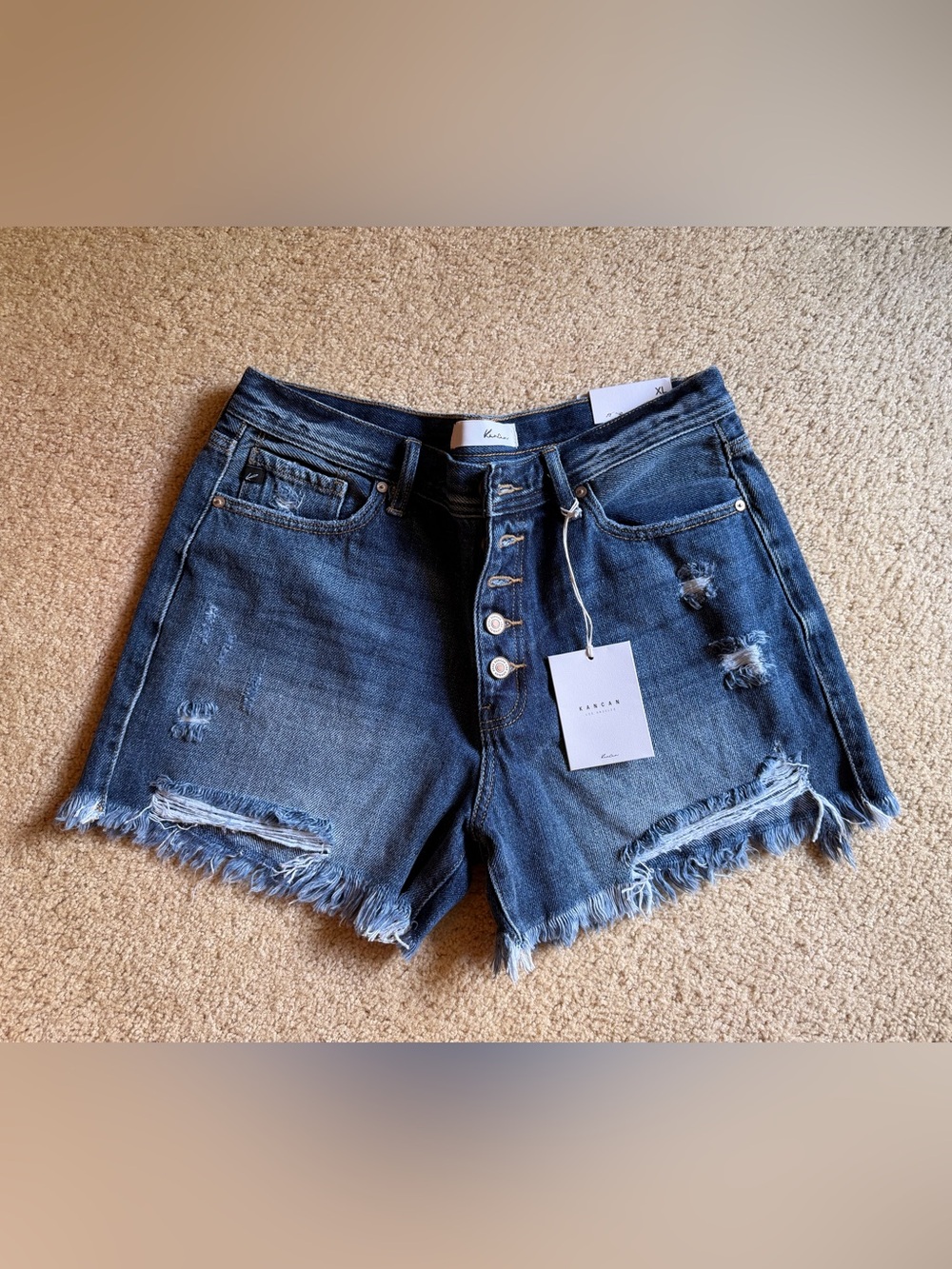 KanCan Dark Indigo Distressed Button-Front Denim Shorts